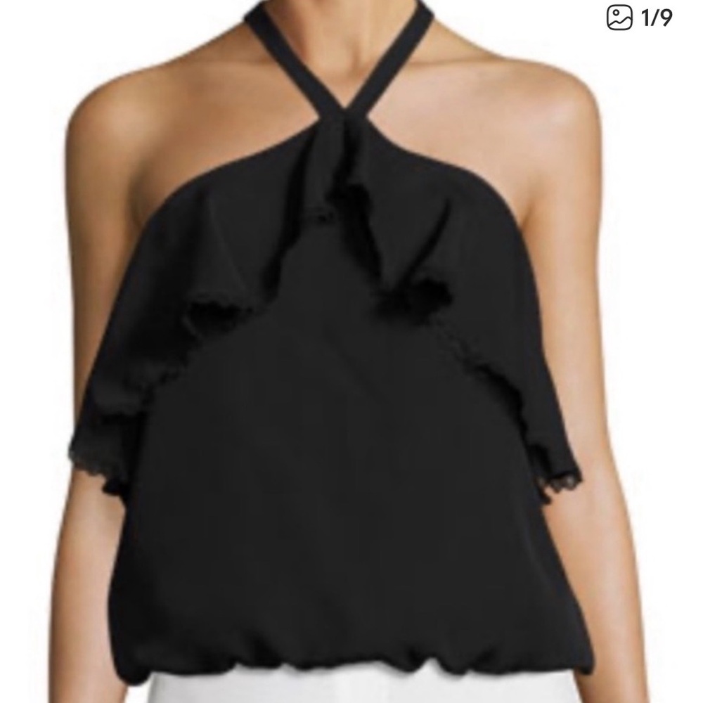 Alice + Olivia 100% Silk Black Halter Top | Tiered Ruffle | Lace Trim | medium